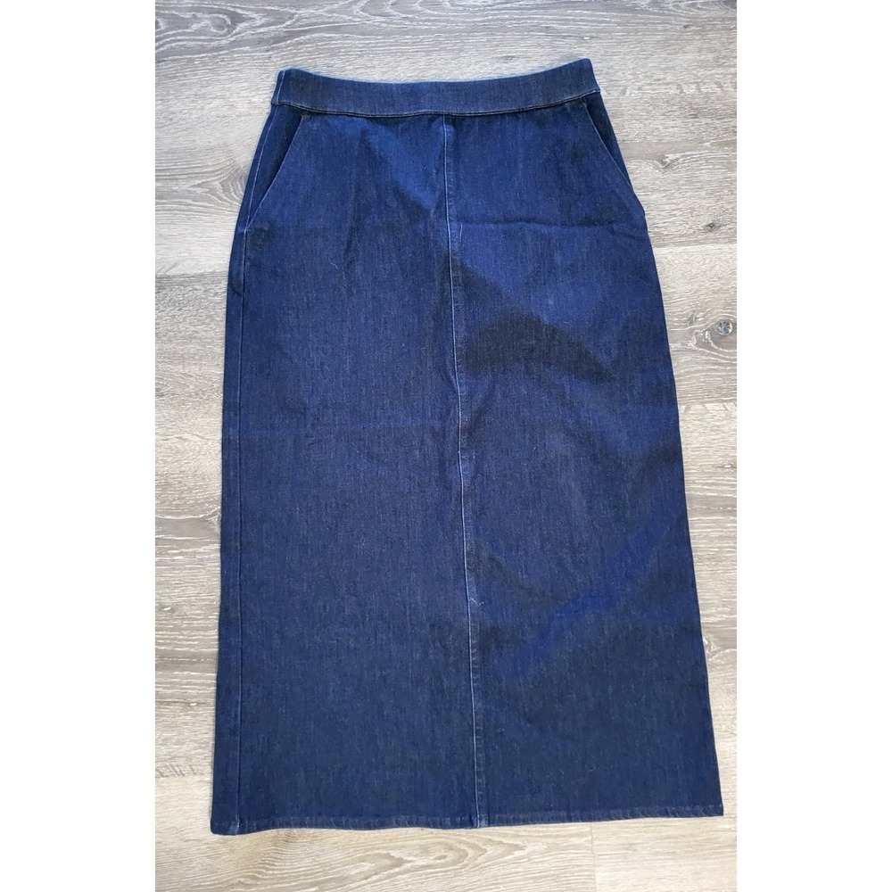 Uniqlo Dark Stretch Denim Pull On Midi Skirt Slit Pockets Sz M